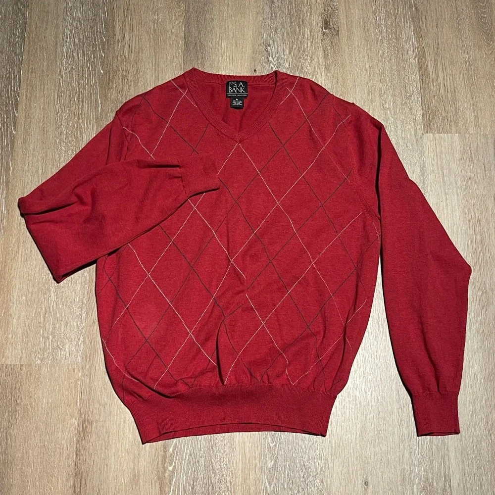Jos A Bank Executive Collection Mens Argyle V-Neck Sweater Red Cotton Medium EUC